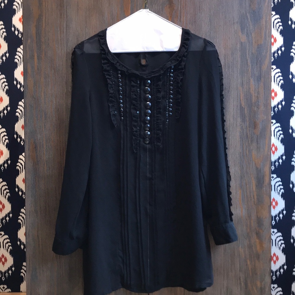 Black translucent, beaded and sequined tunic top